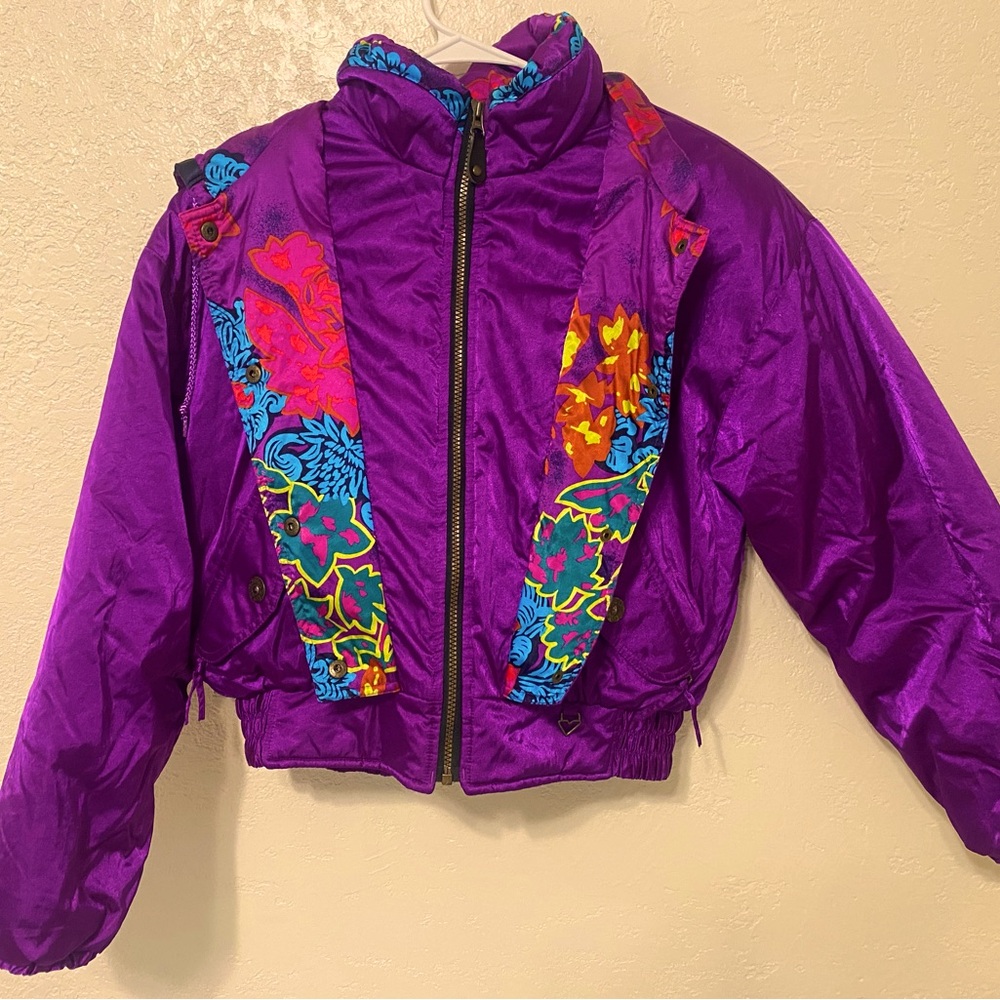Vintage Obermeyer  Jacket Womens 8 Purple Floral 80s 90s Bright Retro Snow Coat